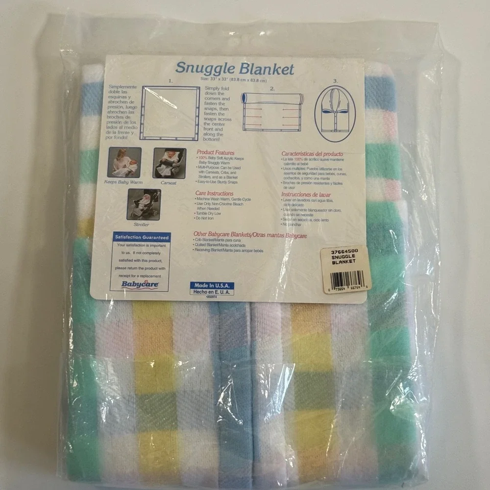 Vtg Babycare Snuggle Blanket Pastel Plaid Snap Wearable Swaddle Made in USA NEW